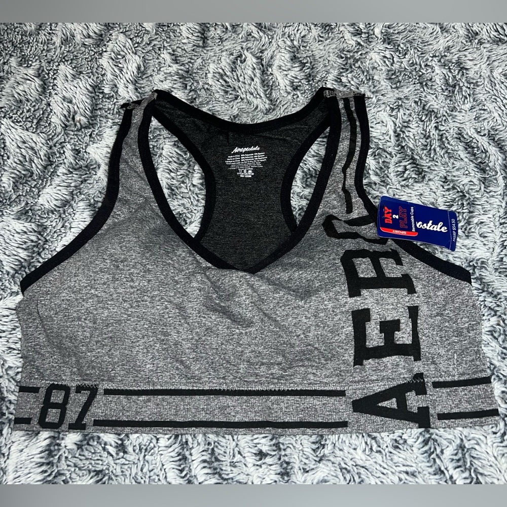 NWT Aeropostale Side Logo Black & Gray Marl 2x Sports Bra Stretchy